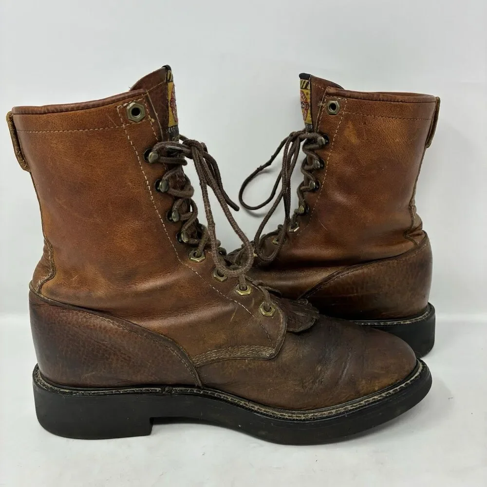 Justin Packer Logger Chestnut Brown 762 Kiltie Leather Work Boots USA Mens 8.5D